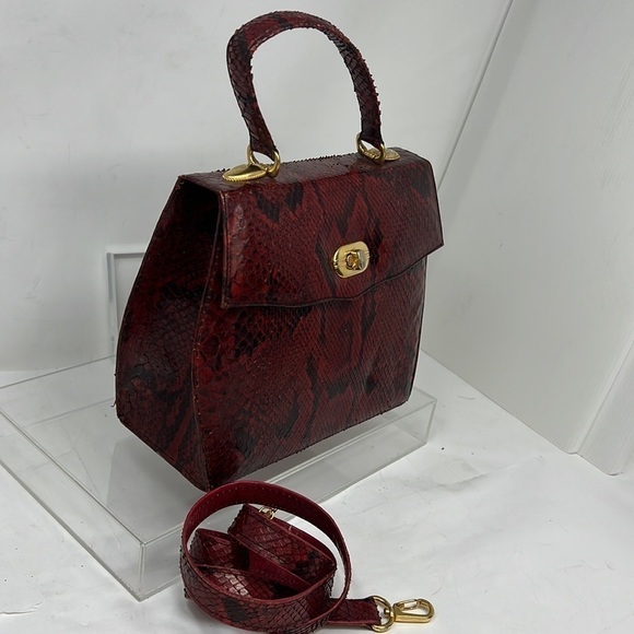 Structured Red Black Snakeskin Handbag Shoulder Bag - Picture 4 of 16